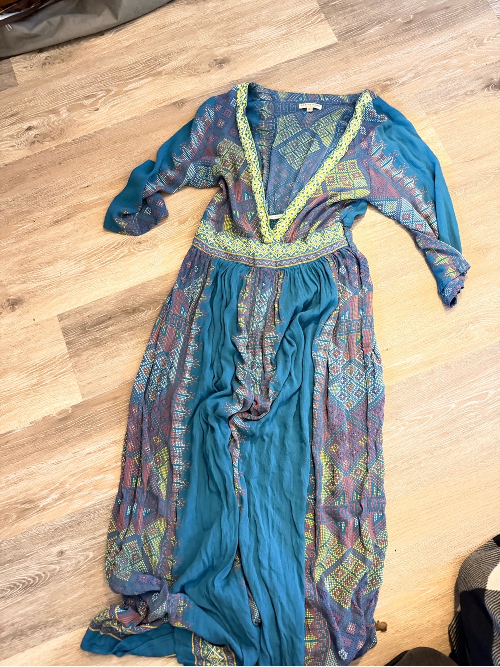 EARTHBOUND Teal Maxi Dress with Lime Trim and Geometric Print